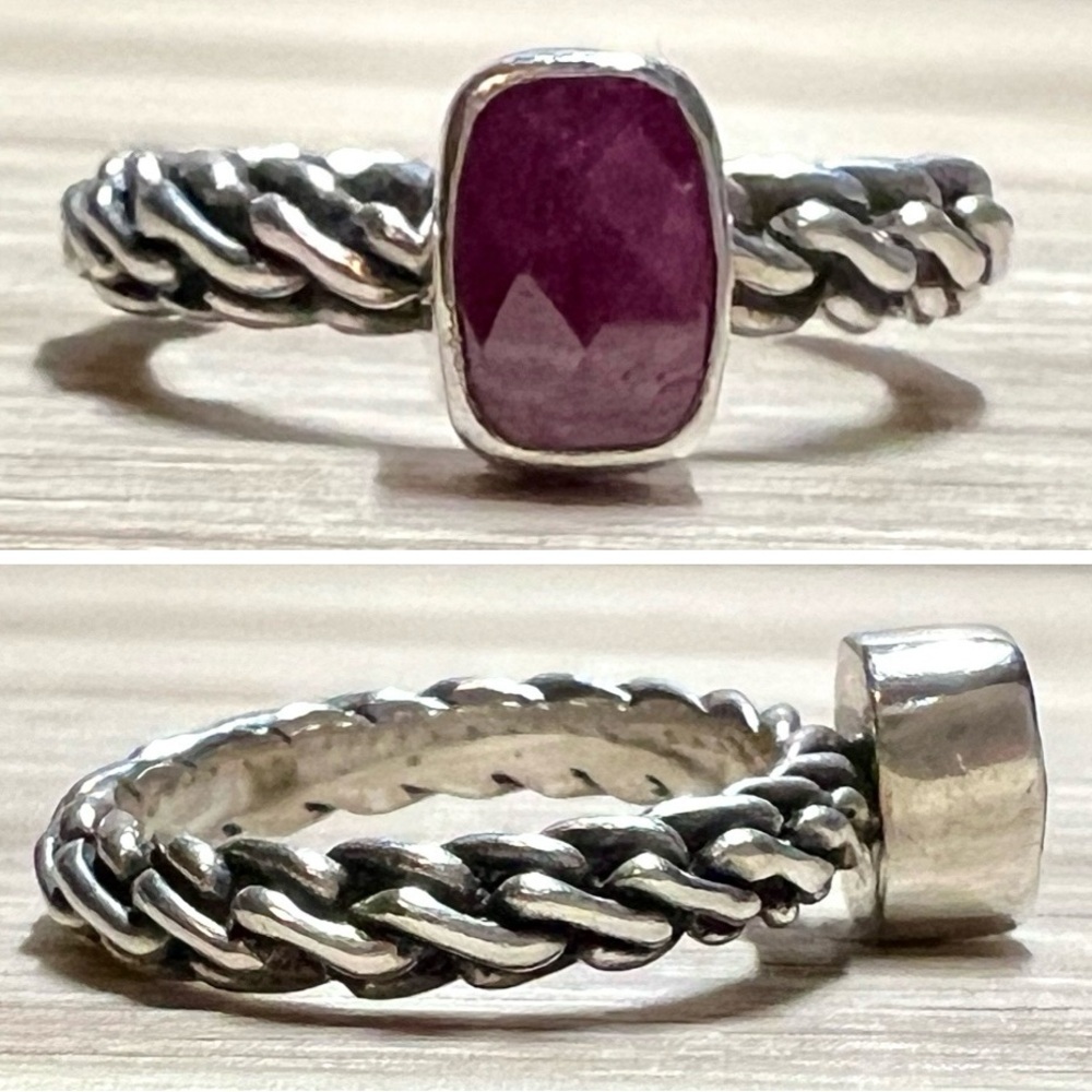Vintage Handmade Southwestern Twisted Cable Sterling Silver Ruby Ring, Size 6.5